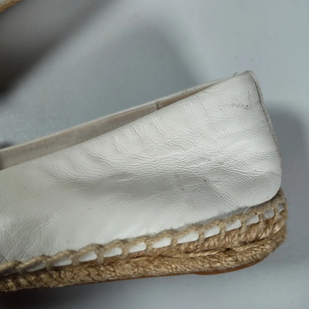 Tory Burch Leather Espadrille Flats Cream Black Logo Cap Toe Slip On Shoes Sz 7